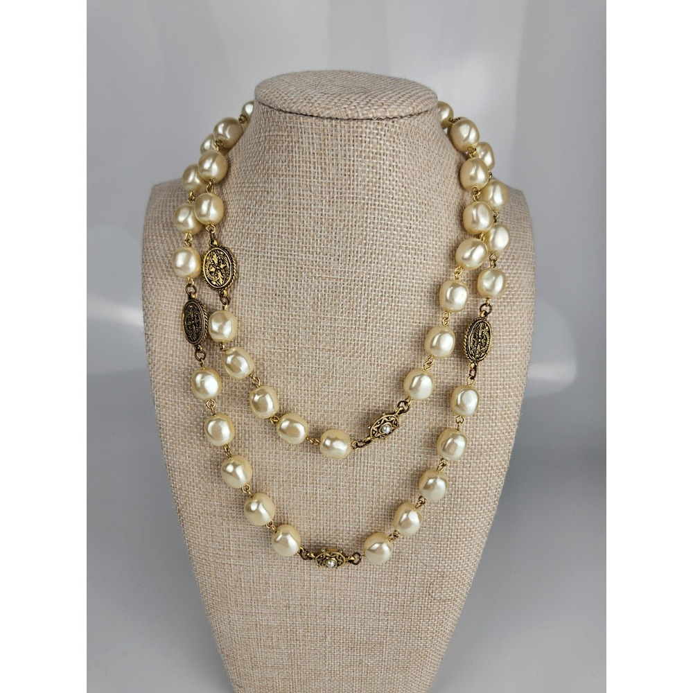 Vintage Double Strand Faux Baroque Pearl Necklace‎ Gold Tone